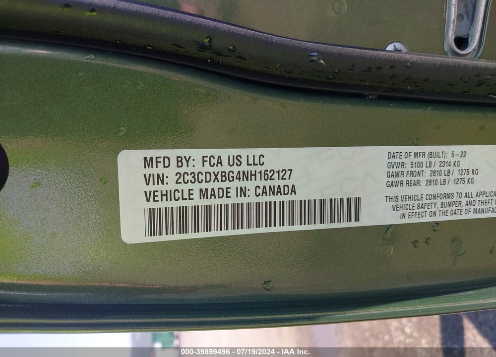 2022 DODGE CHARGER SXT RWD VIN: 2C3CDXBG4NH162127
