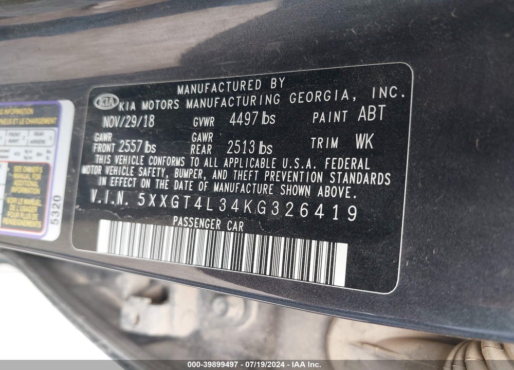 2019 KIA OPTIMA S VIN: 5XXGT4L34KG326419