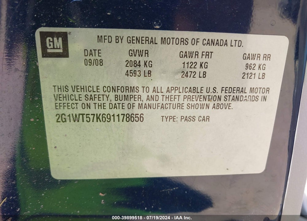 2009 CHEVROLET IMPALA LT VIN: 2G1WT57K691178656