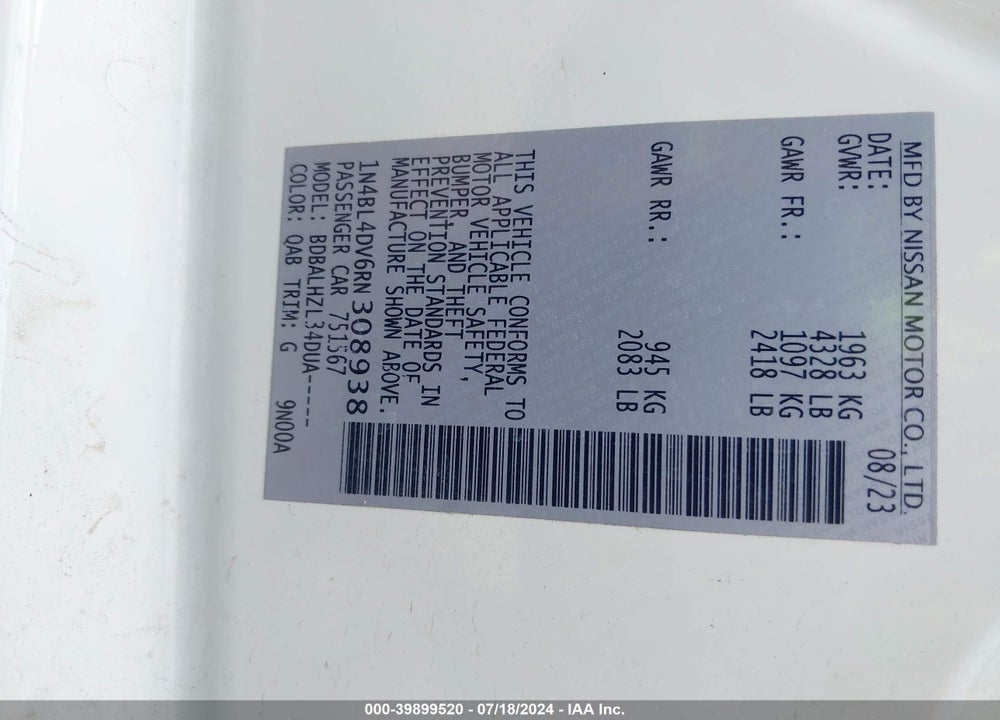 2024 NISSAN ALTIMA SV FWD VIN: 1N4BL4DV6RN308938