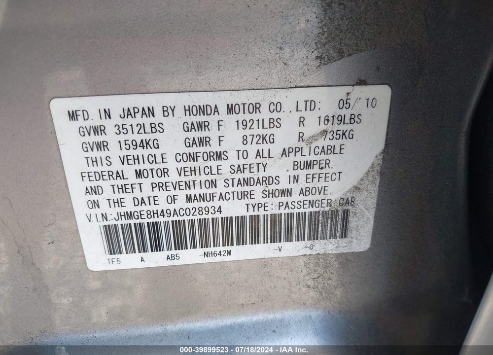 2010 HONDA FIT SPORT VIN: JHMGE8H49AC028934