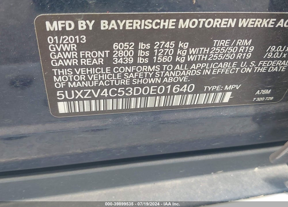 2013 BMW X5 XDRIVE35I/XDRIVE35I PREMIUM/XDRIVE35I SPORT ACTIVITY VIN: 5UXZV4C53D0E01640
