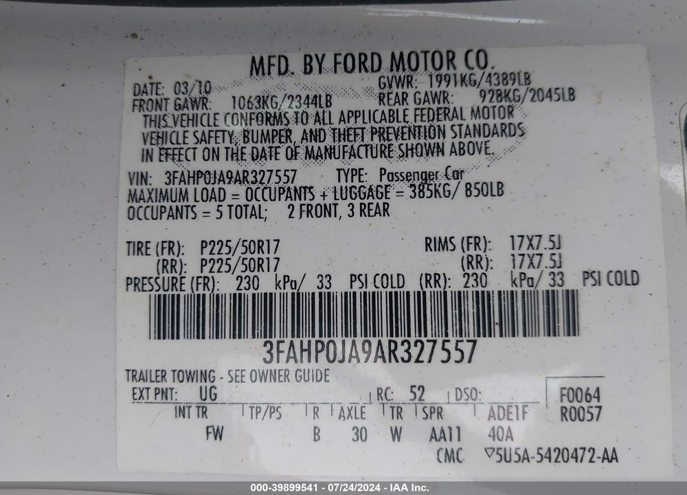2010 FORD FUSION SEL VIN: 3FAHP0JA9AR327557