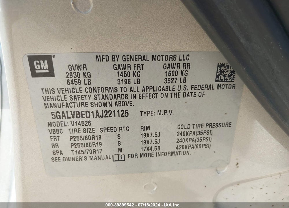 2010 BUICK ENCLAVE 1XL VIN: 5GALVBED1AJ221125