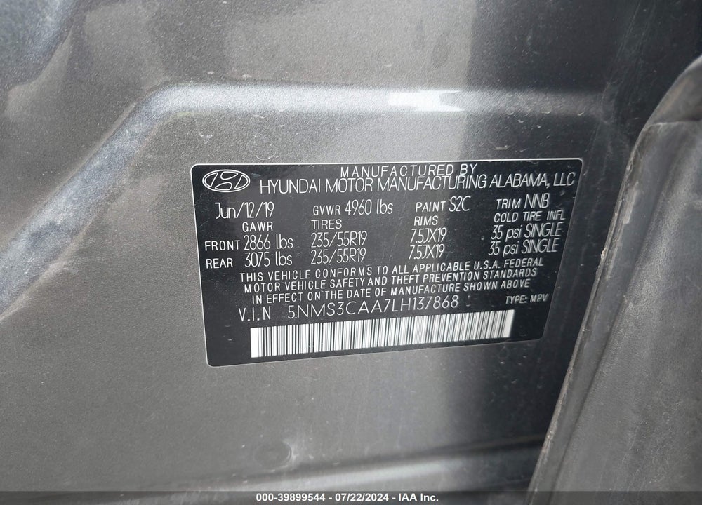 2020 HYUNDAI SANTA FE SEL 2.0T VIN: 5NMS3CAA7LH137868