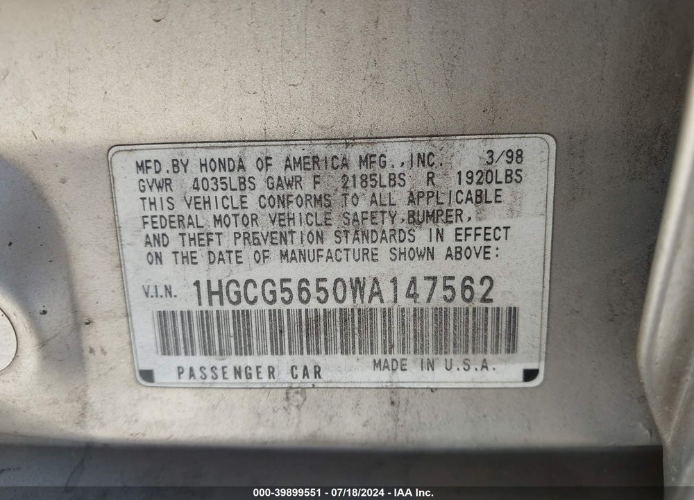 1998 HONDA ACCORD EX VIN: 1HGCG5650WA147562