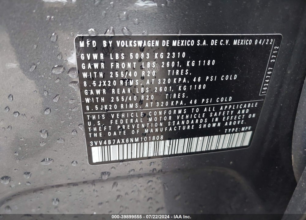 2022 VOLKSWAGEN TIGUAN 2.0T SEL R-LINE VIN: 3VV4B7AX6NM101808