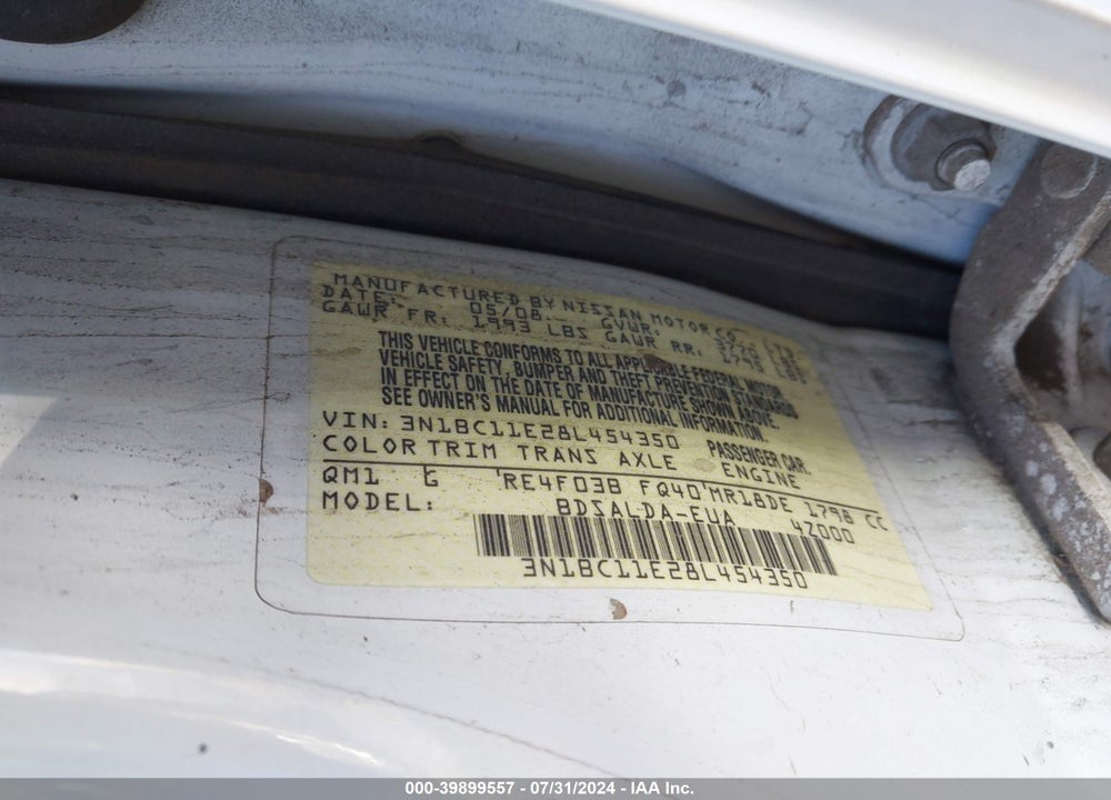 2008 NISSAN VERSA 1.8S VIN: 3N1BC11E28L454350
