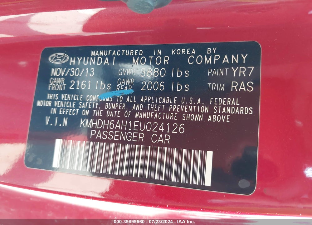 2014 HYUNDAI ELANTRA VIN: KMHDH6AH1EU024126