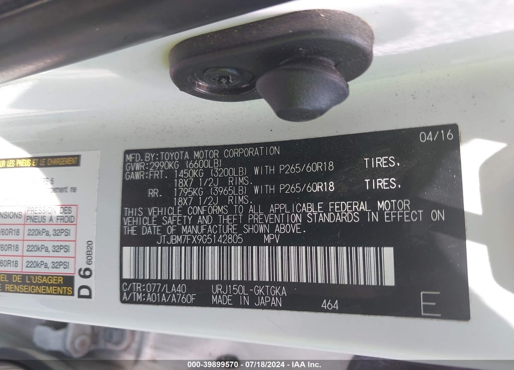 2016 LEXUS 460 VIN: JTJBM7FX9G5142805