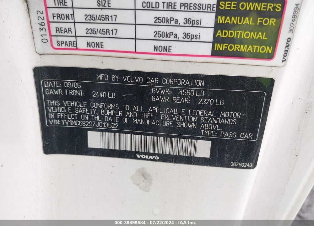 2007 VOLVO C70 T5 VIN: YV1MC68297J013622