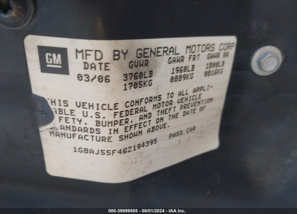 2006 SATURN ION 2 VIN: 1G8AJ55F46Z194395