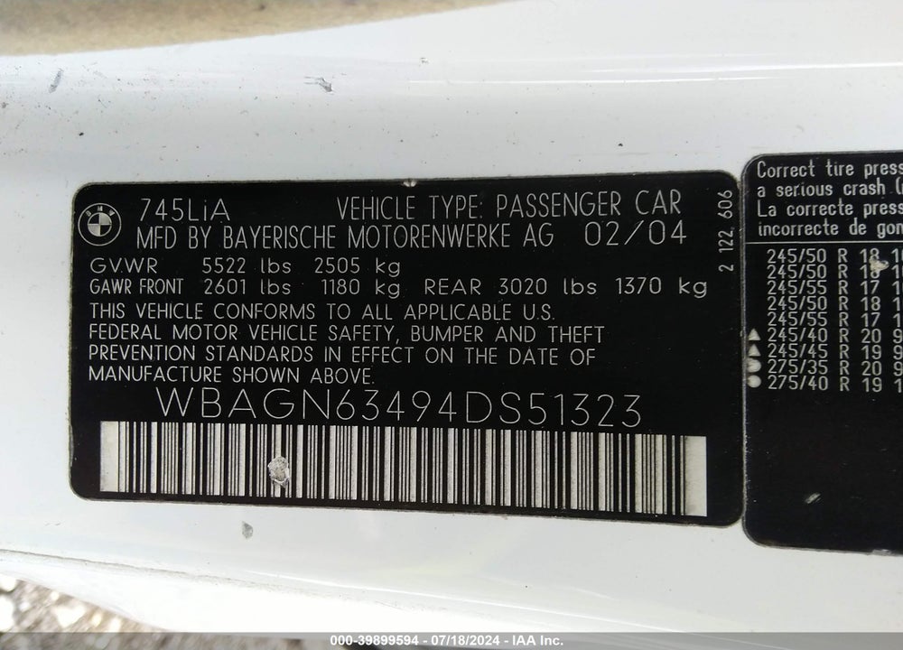 2004 BMW 745LI VIN: WBAGN63494DS51323