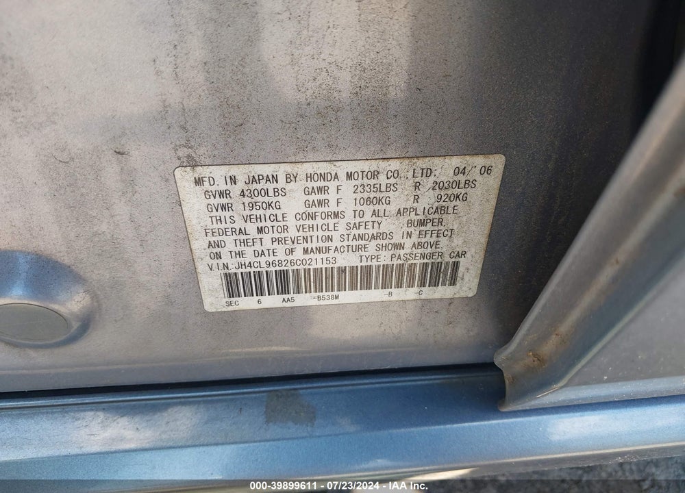 2006 ACURA TSX VIN: JH4CL96826C021153