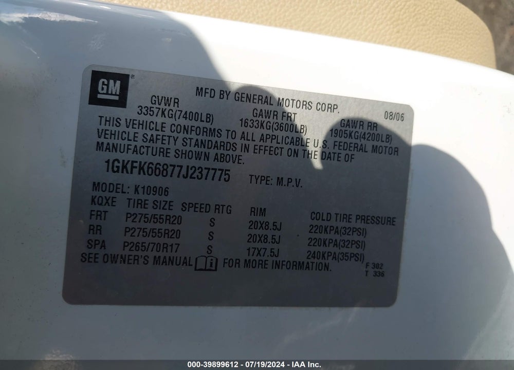 2007 GMC YUKON XL 1500 DENALI VIN: 1GKFK66877J237775