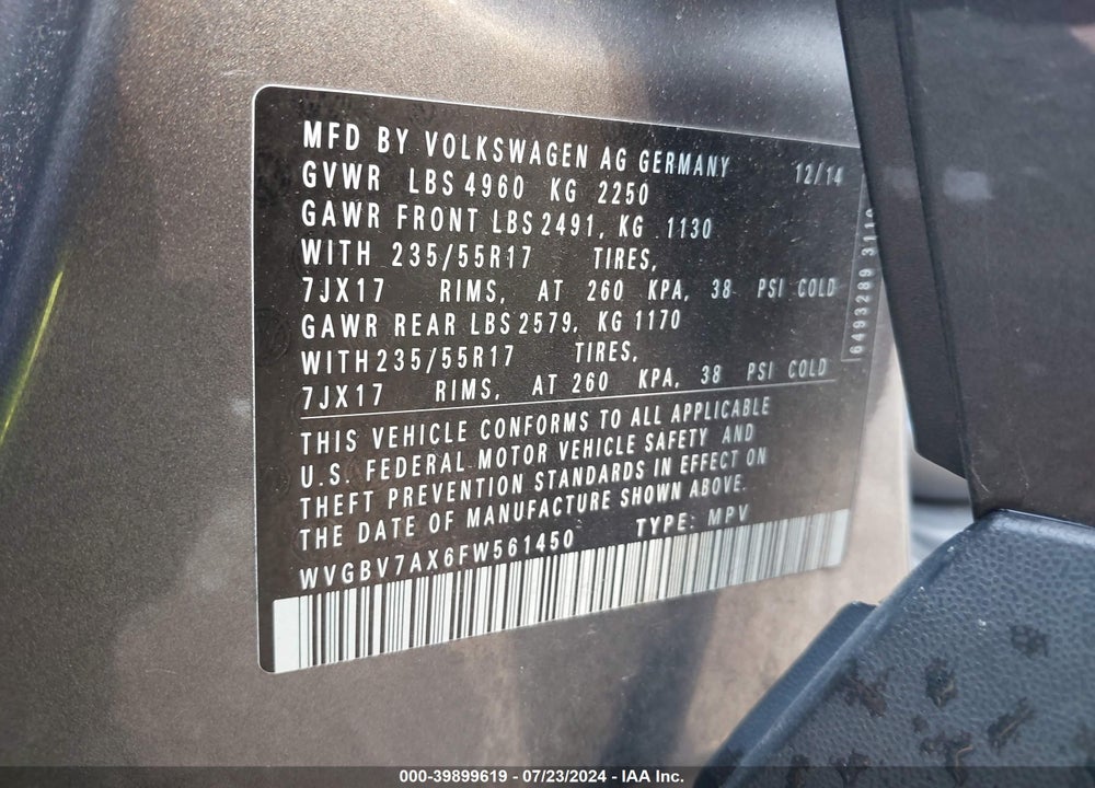 2015 VOLKSWAGEN TIGUAN SE VIN: WVGBV7AX6FW561450