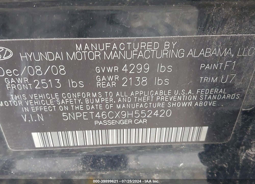 2009 HYUNDAI SONATA GLS VIN: 5NPET46CX9H552420