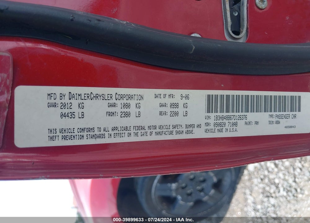 2007 DODGE CALIBER VIN: 1B3HB48B67D126376