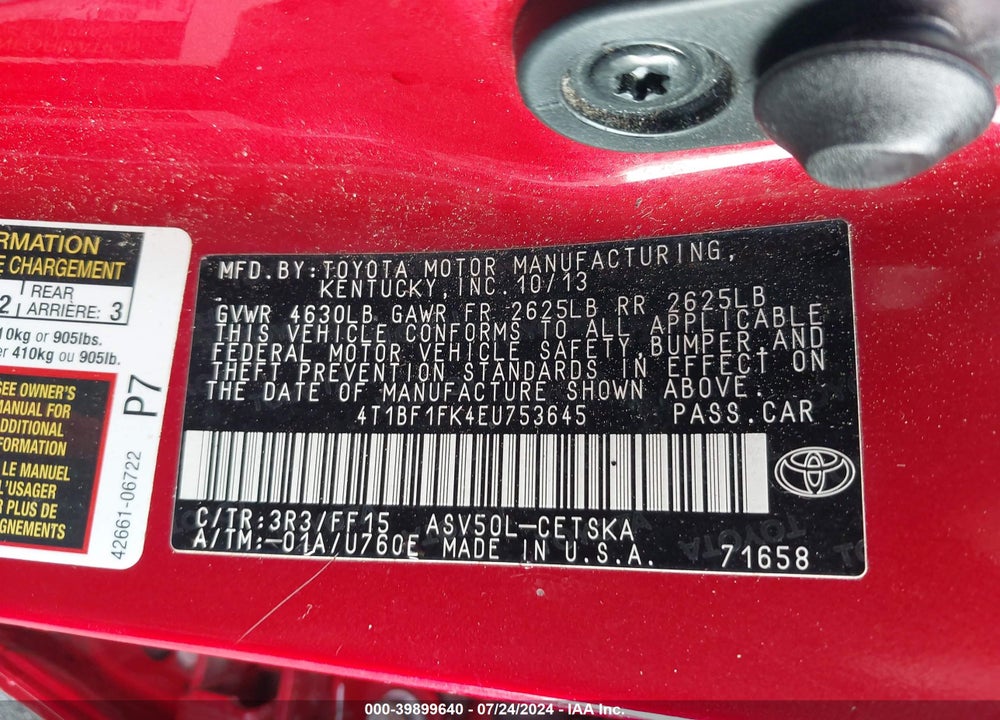 2014 TOYOTA CAMRY SE VIN: 4T1BF1FK4EU753645