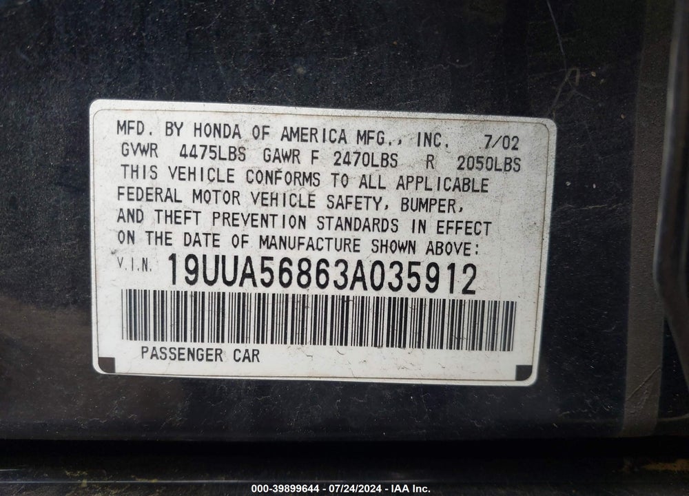 2003 ACURA TL 3.2 TYPE S VIN: 19UUA56863A035912