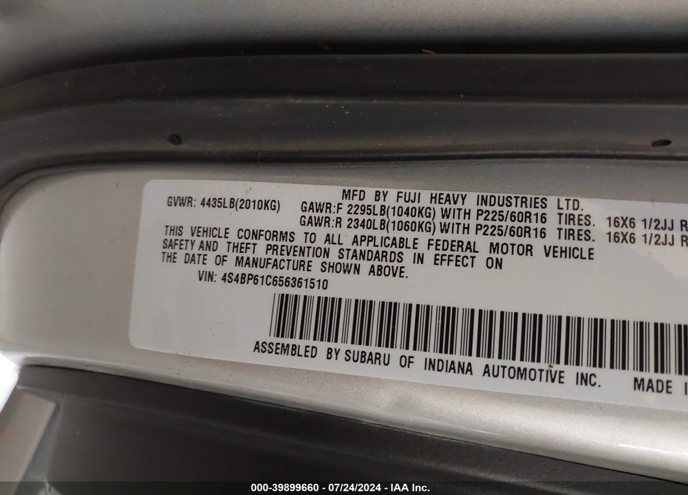 2005 SUBARU OUTBACK 2.5I VIN: 4S4BP61C656361510