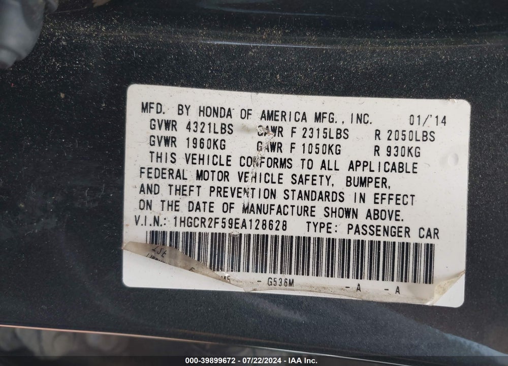 2014 HONDA ACCORD SPORT VIN: 1HGCR2F59EA128628