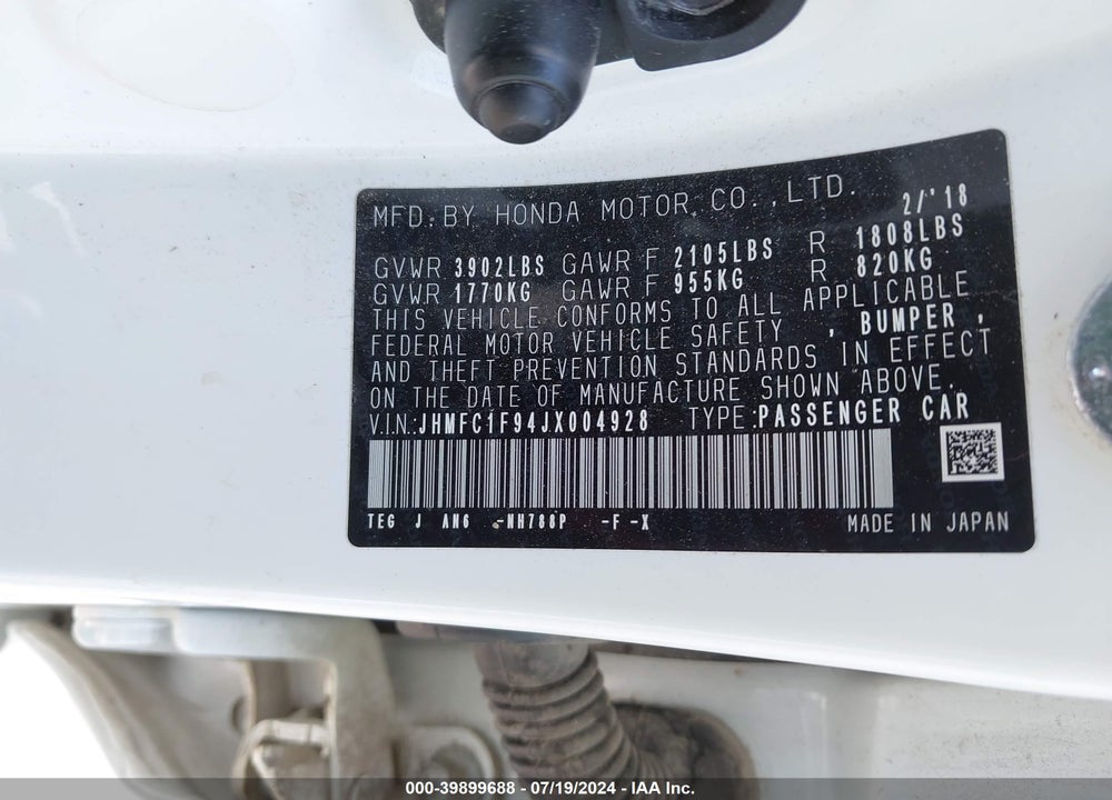 2018 HONDA CIVIC TOURING VIN: JHMFC1F94JX004928