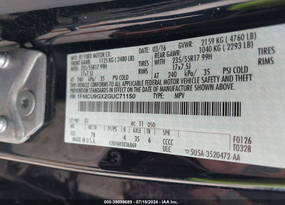 2016 FORD ESCAPE SE VIN: 1FMCU9GX2GUC71150