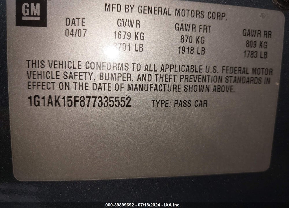 2007 CHEVROLET COBALT LS VIN: 1G1AK15F877335552
