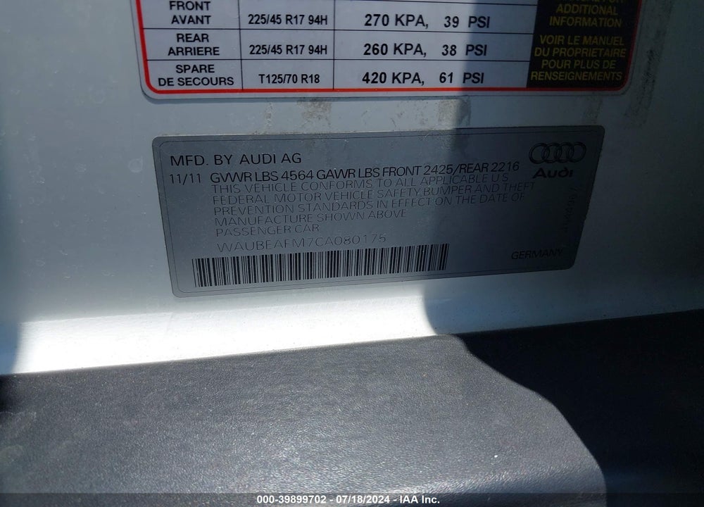 2012 AUDI A3 2.0T PREMIUM VIN: WAUBEAFM7CA080175