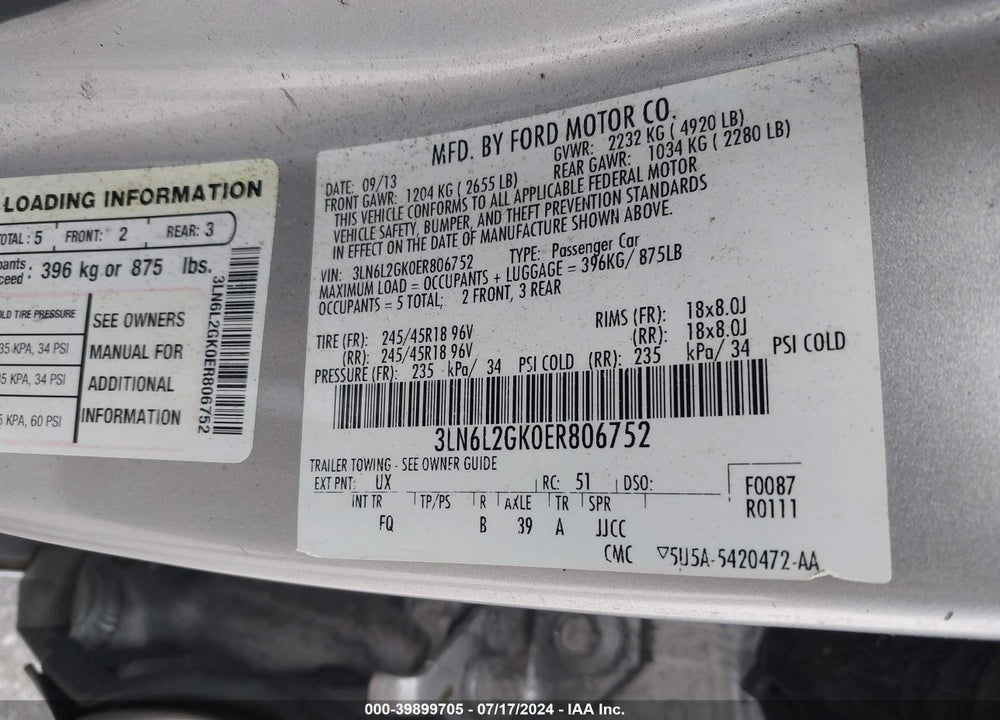 2014 LINCOLN MKZ VIN: 3LN6L2GK0ER806752