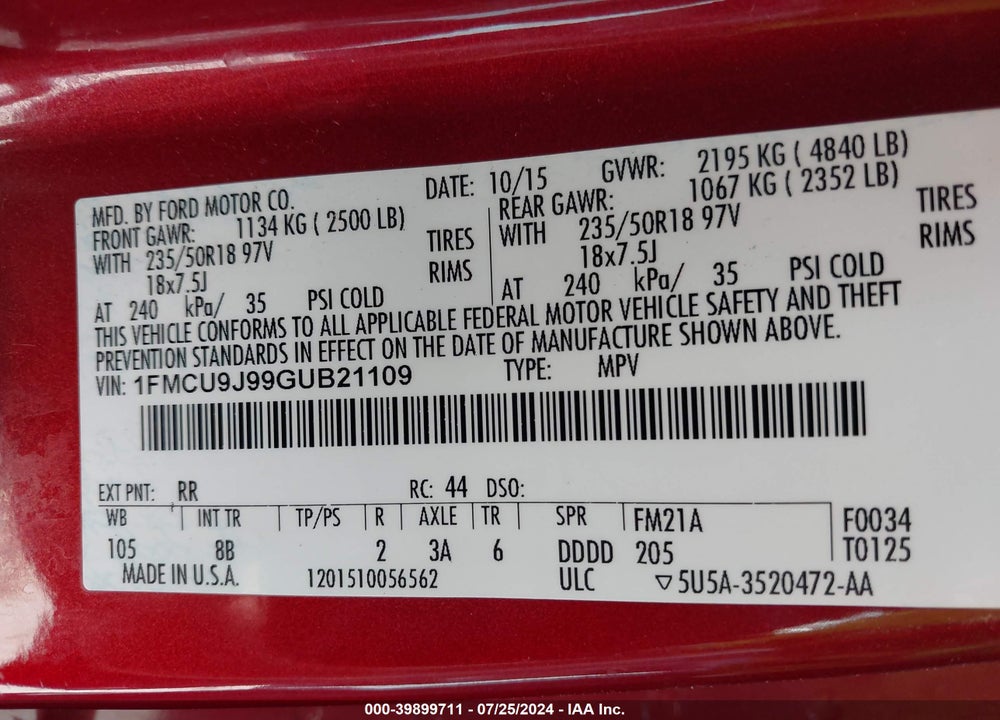 2016 FORD ESCAPE TITANIUM VIN: 1FMCU9J99GUB21109