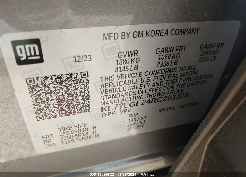 2024 CHEVROLET TRAX FWD 1RS VIN: KL77LGE24RC203328