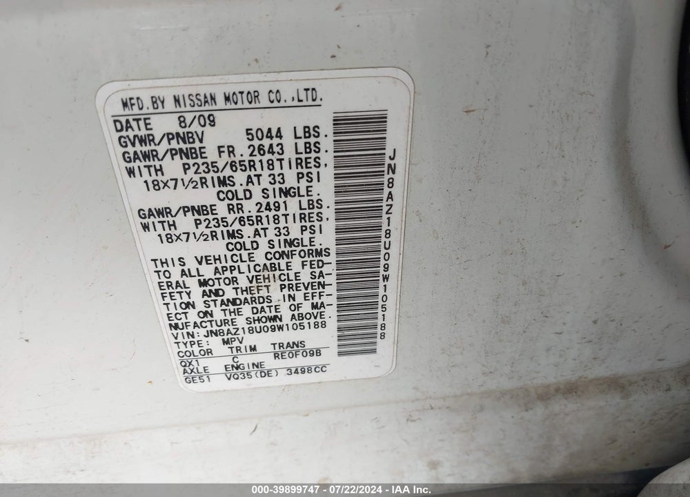 2009 NISSAN MURANO SL VIN: JN8AZ18U09W105188