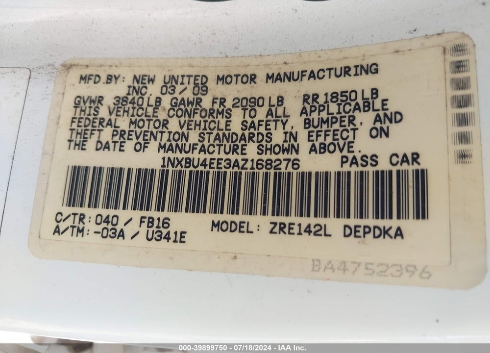 2010 TOYOTA COROLLA VIN: 1NXBU4EE3AZ168276