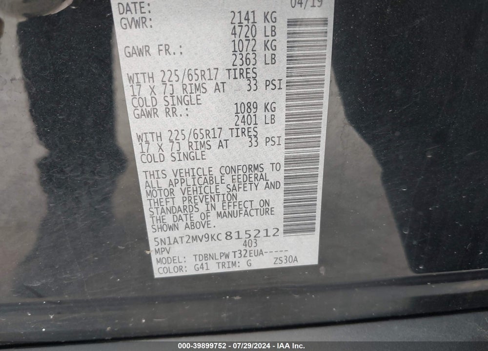 2019 NISSAN ROGUE S VIN: 5N1AT2MV9KC815212