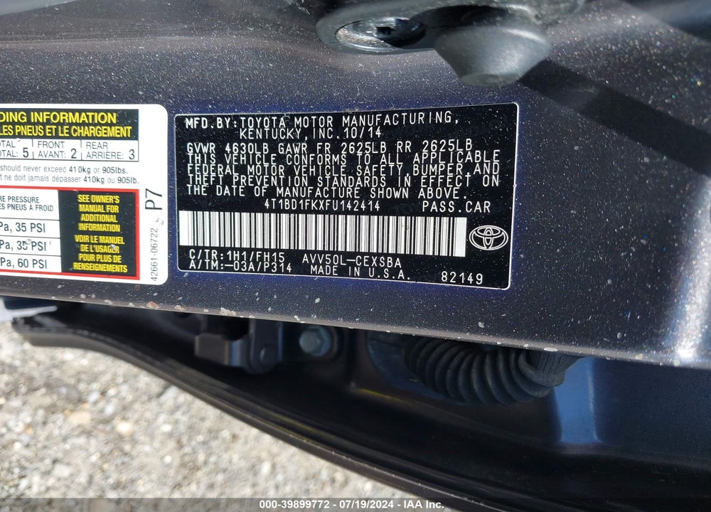 2015 TOYOTA CAMRY HYBRID SE VIN: 4T1BD1FKXFU142414