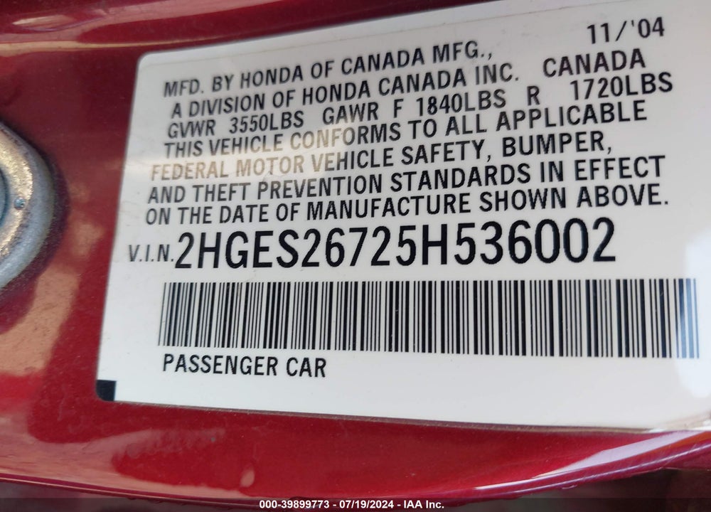 2005 HONDA CIVIC EX VIN: 2HGES26725H536002