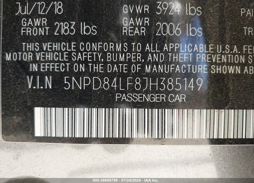 2018 HYUNDAI ELANTRA SEL VIN: 5NPD84LF8JH385149