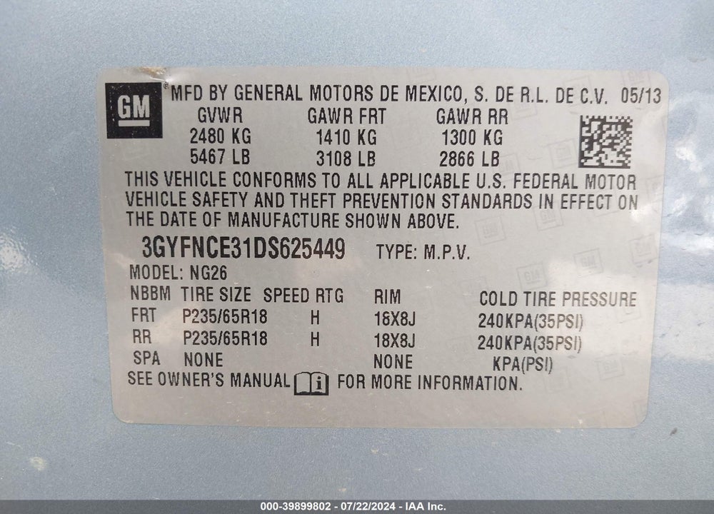 2013 CADILLAC SRX LUXURY COLLECTION VIN: 3GYFNCE31DS625449