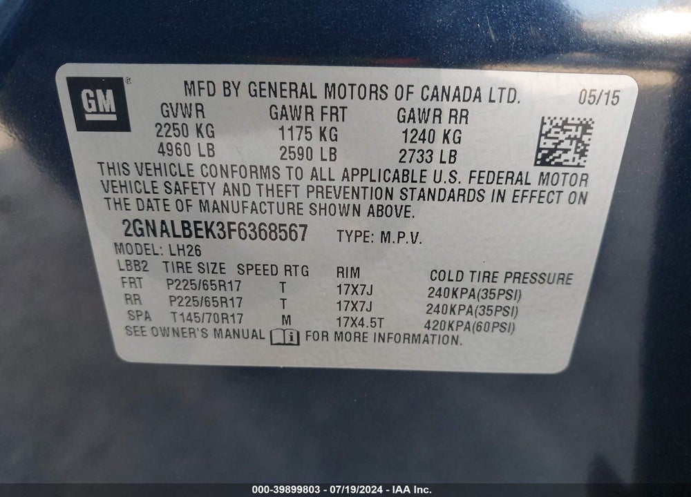2015 CHEVROLET EQUINOX 1LT VIN: 2GNALBEK3F6368567