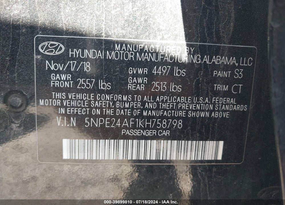 2019 HYUNDAI SONATA SE VIN: 5NPE24AF1KH758798