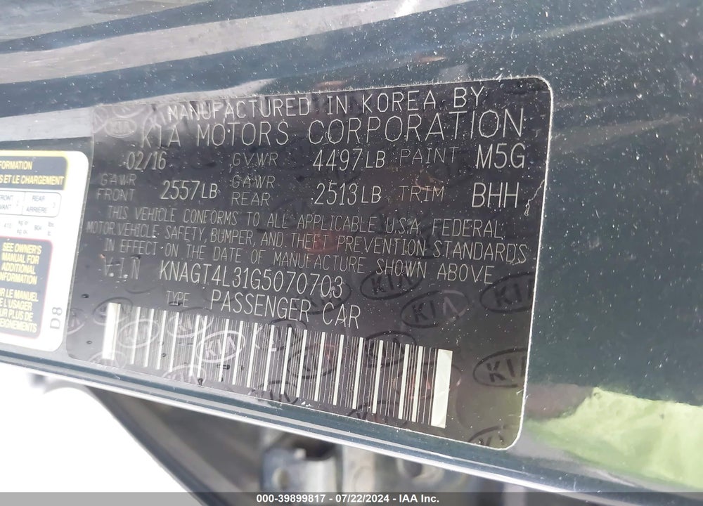 2016 KIA OPTIMA LX VIN: KNAGT4L31G5070703