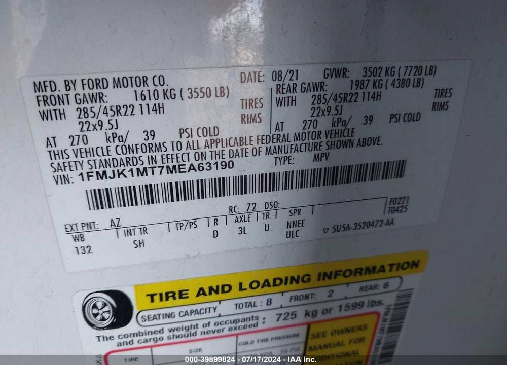 2021 FORD EXPEDITION PLATINUM MAX VIN: 1FMJK1MT7MEA63190