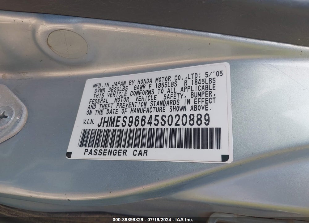2005 HONDA CIVIC HYBRID VIN: JHMES96645S020889