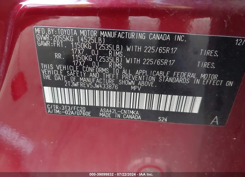 2018 TOYOTA RAV4 XLE VIN: 2T3WFREV5JW433876