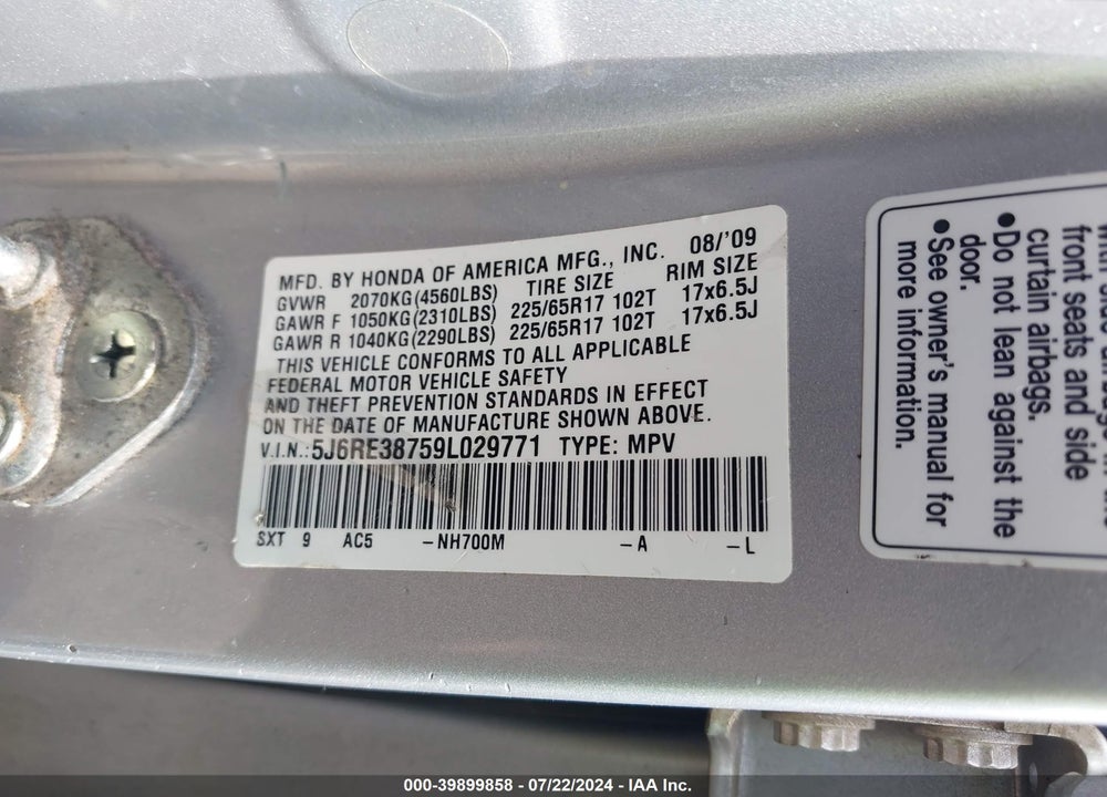 2009 HONDA CR-V EX-L VIN: 5J6RE38759L029771