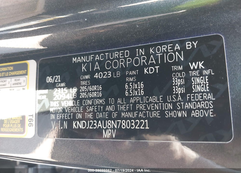 2022 KIA SOUL LX VIN: KNDJ23AU8N7803221