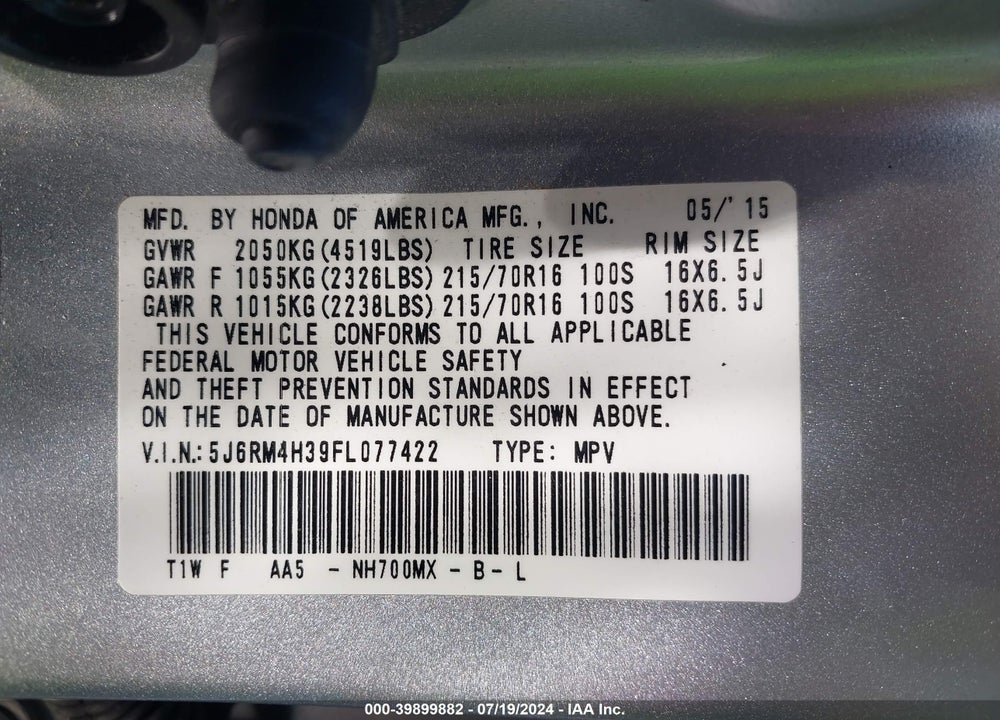 2015 HONDA CR-V LX VIN: 5J6RM4H39FL077422