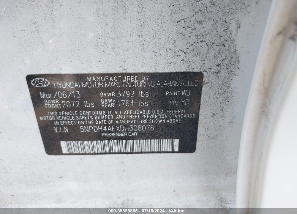 2013 HYUNDAI ELANTRA GLS VIN: 5NPDH4AEXDH306076